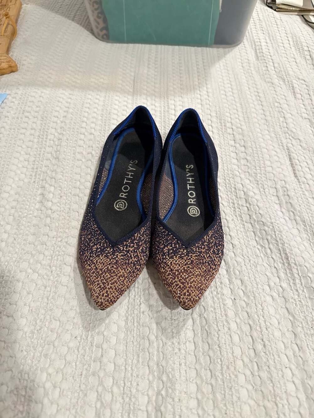 Rothy's The Point Midnight Metallic Navy Blue Gold Sparkle Flats Size W7.5